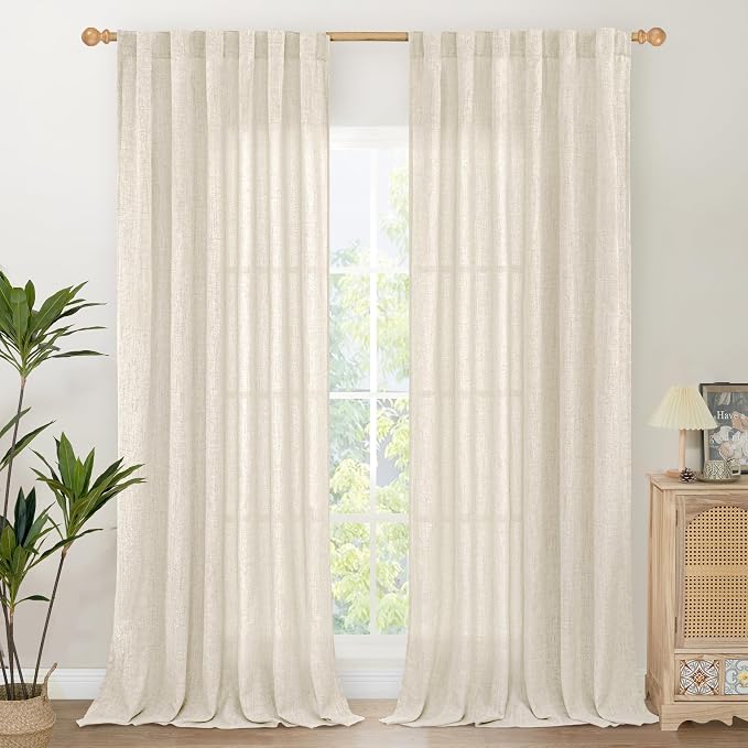 YoungsTex Linen Semi Sheer Curtains 95 Inch Length for Living Room | Extra Long Window Treatments Light Filtering with Rod Pocket Back Tab for Bedroom, 2 Panels, 52 X 95 Inch