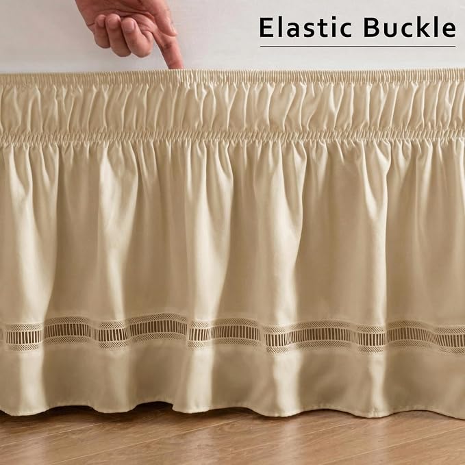 MIYE Wrap Around Ruffled Lace Bed Skirt, Elastic Dust Ruffle with Adjustable Belts, Easy to Put On, Bed Frame Cover, Machine Washable (Ruffled Lace/Beige, King/Queen-18 Drop)