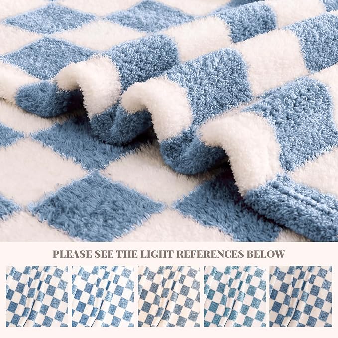 Blue Checkered Twin Size Blanket, Soft Plush Microfiber Fleece Blanket for Couch Sofa Bed, Cozy Decorative Home Blanket, All Season, 60x80 Inches