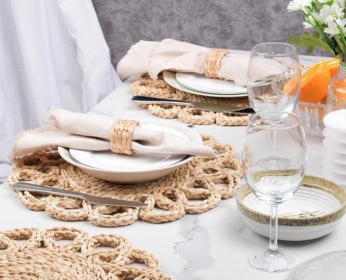 13.8" Corn Husk Woven Round Placemats Set of 6 - Wicker Boho Farmhouse Placemats - Rattan Table Mats Like Water Hyacinth for Dining Table, Wedding, Home