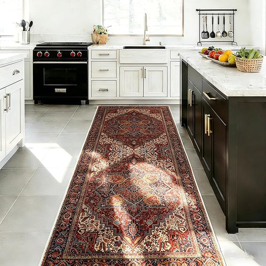 2x6 Rug Runners for Hallways Non Slip, Washable Kitchen Runner Rug | Soft faux wool, machine washable & stain resistant. Non-slip rubber backing, low pile. For hallway, kitchen, bedroom. Red.