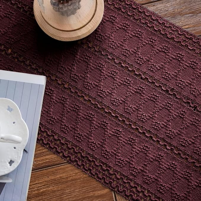 Macrame Table Runner Burgundy Boho Table Runners with Tassels 12x60in | Alynsehom Hand Woven Cotton Table Runner Rustic Farmhouse Table Runners for Bohemian Kitchen Dining Table