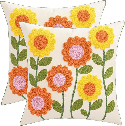 LUOYEHK Embroidered Throw Pillow Covers 18x18 Inch Set of 2 Orange Sunflower Decorative Pillow Cover Spring Summer Boho Cushion Pillowcase for Couch Sofa Bed Living Room