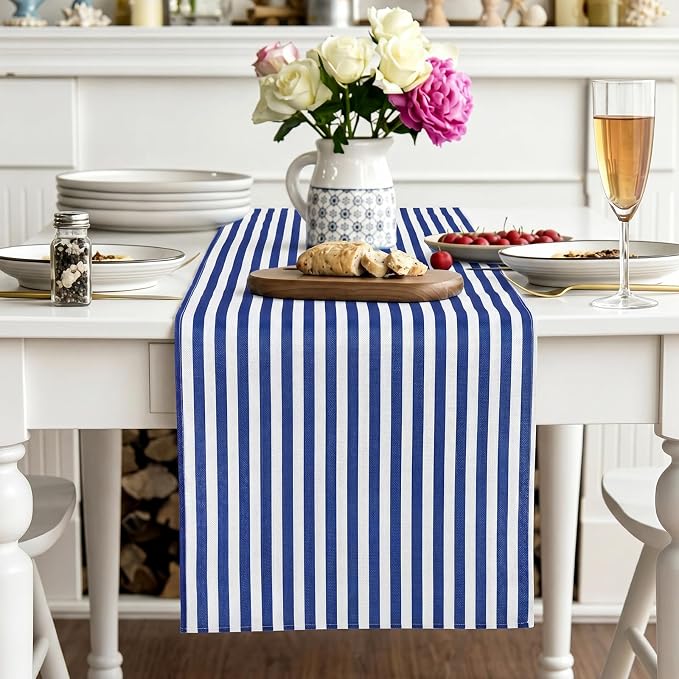 6 Pcs Navy Blue and White Stripe Table Runner, 13 x 72 Inch | Linen Kitchen Dining Room Home Decoration, Summer Farmhouse Table Runner for Wedding Birthday Party Decor