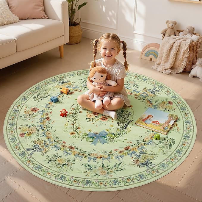 Joydeco Boho Bow Floral Machine Washable Round Rugs 5ft, Beige Flower Circle Girls Bedroom Nursery Area Rug Non Slip, Circular Indoor Carpet for Kids Playroom Living Dining Room Classroom, Beige