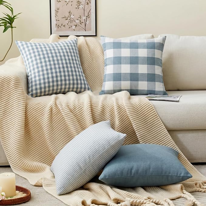 Light Dusty Blue Buffalo Check Plaid Farmhouse Pillow Covers 20x20 Set of 4 | Soft & Durable Decorative Couch Pillow Case Cushion Covers 20 x 20, Light Dusty Blue Pillow Covers, Gingham Checkered Striped