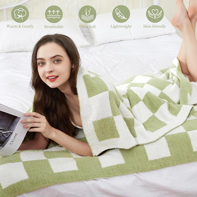 SeaRoomy Fuzzy Checkered Throw Blanket for Couch,Green 60"X79" | Warm,Cozy,Fluffy,Lightweight,Gift for Women Couch Sofa Bed Room Decor