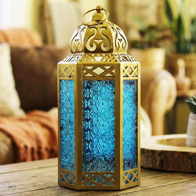 Vela Lanterns 12" Metal Moroccan Decorative Candle Lantern Holders for Hanging or Table, Indoor Home Decor, Outdoor Patio or Porch, Weddings, Gold, Blue Glass, Large