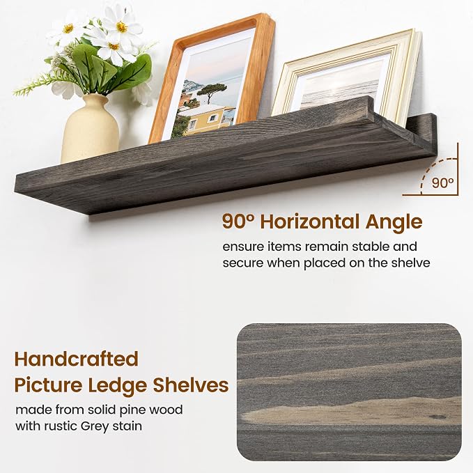 FLYJOE 24 Inches Floating Shelves for Wall, Solid Pine Wood Picture Ledge Shelves, Wall Shelves with Lips, Nursery Book Shelves for Toys Storage Living Room Bedroom Photo Frames (2 Pcs, Grey)