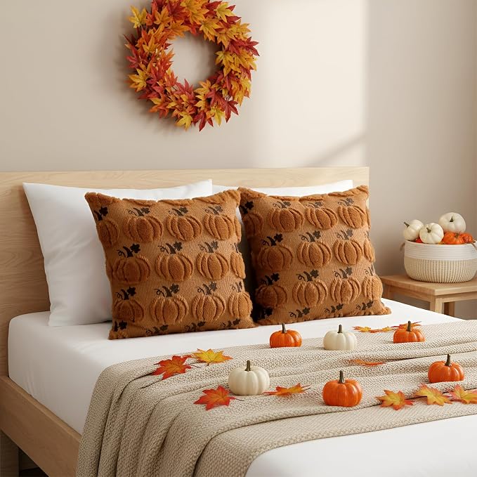 Thmyo Fall Throw Pillow Covers 18x18 inch Set of 2 Pumpkin Decorative Pillow Cases with Embroidery, Soft Plush Faux Fur Wool Square Cushion Covers for Sofa Couch Bed Home Winter Autumn Harvest Decor