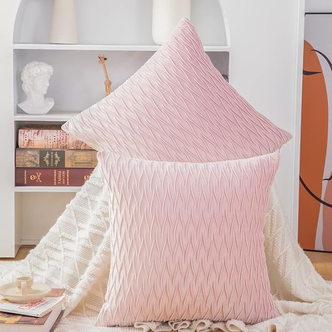 MADIZZ Set of 2 Super Soft Velvet Decorative Throw Pillow Covers 18x18 inch Light Pink Square with Texture Luxury Style Cushion Case Pillow Shell for Sofa Bedroom