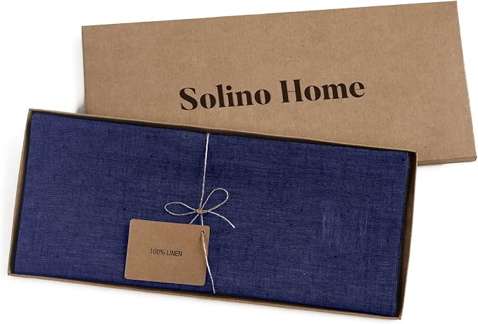 Solino Home 100% Pure Linen Dining Table Runner Navy, Athena 14 x 90 in | Table Runners for dining, hallway and console tables, softly textured artisan woven finish, Chambray Navy, OEKO-TEX Certified