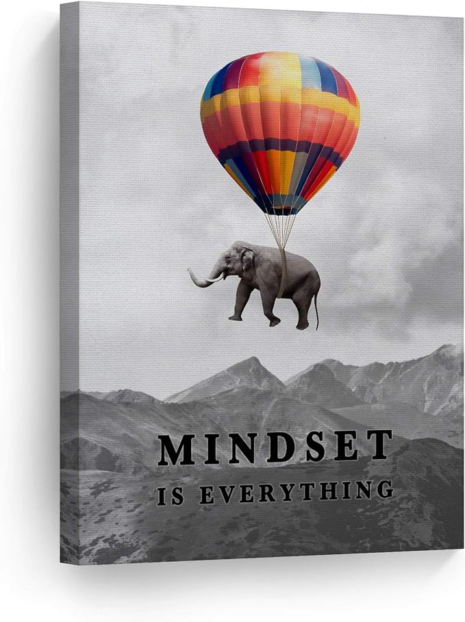 Smile Art Design Mindset is Everything Colorful Elephant Black and White View Motivational Wall Art Canvas Print Inspirational Entrepreneur Quote Office Living Room Decor Gift Ready to Hang 12x8