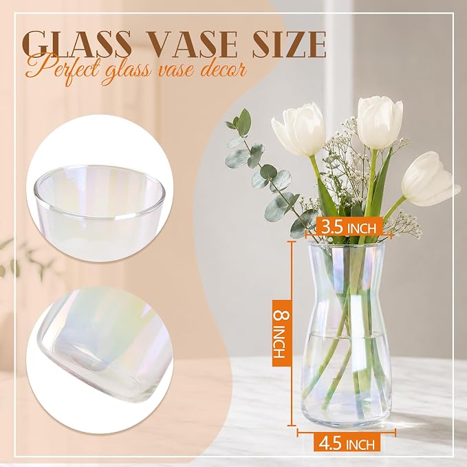 Der Rose 8" Iridescent Flower Vase Small Glass Vase for Entryway Decor Gift | Glossy Rainbow shimmer, translucent sturdy glass, giftable, elegant vase for centerpiece table wedding home decor