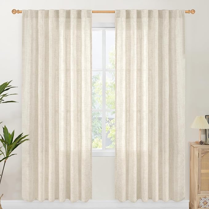 YoungsTex 78 Inch Length Linen Semi Sheer Curtains for Living Room | Boho Light Filtering Window Drapes Textured with Rod Pocket Back Tab for Dining Bedroom, 2 Panels, 52 X 78 Inch