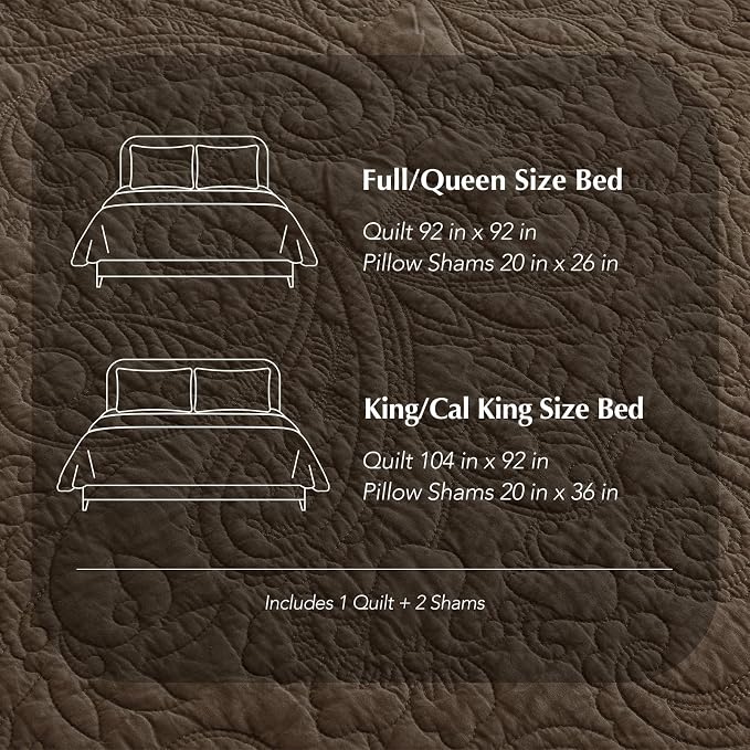 EVERGRACEHOME 100% Cotton Paisley Quilt Set, King Size, Cocoa Brown | Prewashed for Softness, Year-Round Breathability, Gift-Ready Box, Matelasse-style Quilted Coverlet, 3 Piece Set with 2 Shams
