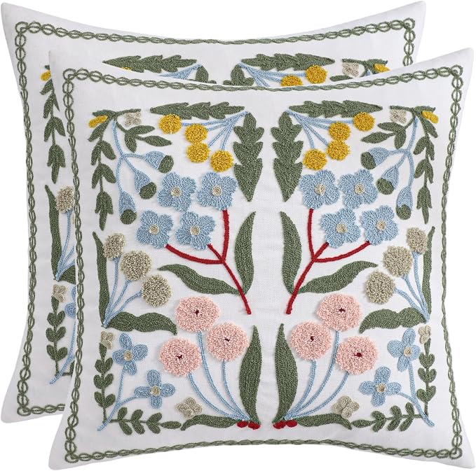 Embroidered Throw Pillow Covers 18x18 Pack of 2 Decorative Pillow Covers Blue Floral Pillowcases Farmhouse Pillow Cushion Cases Square Flower Pillow Case Summer Home Decor