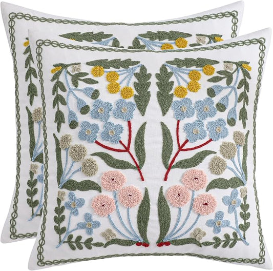 Embroidered Throw Pillow Covers 18x18 Pack of 2 Decorative Pillow Covers Blue Floral Pillowcases Farmhouse Pillow Cushion Cases Square Flower Pillow Case Summer Home Decor