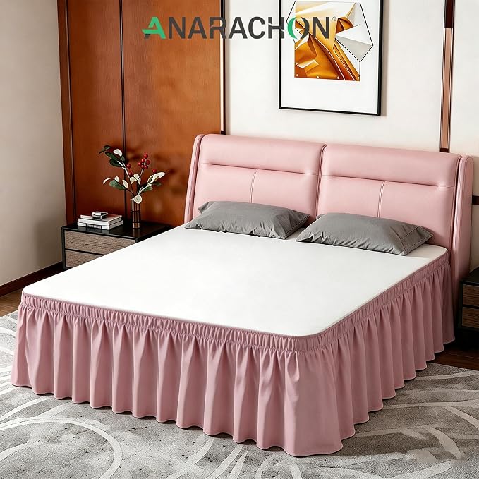 ANARACHON Queen Bed Skirt, Elastic Wrap Around Bed Skirt Queen Size, Bed Skirts for Adjustable Bed, Easy Fit with 18" Drop Length Tailored Drop Dust Ruffle (Pink)
