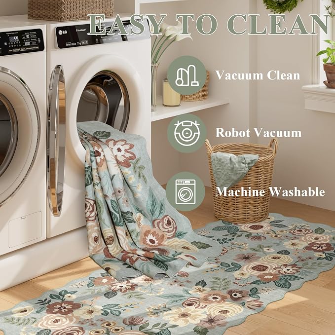 DUKINO 2x10 Runner Rug for Hallway, Washable Kitchen Rugs, Sage Green | Non Slip, Low Pile, Soft Floral Throw Carpet Runner for Entryway, Bedroom, Bathroom, Laundry, Pet Friendly, Modern Home Decor