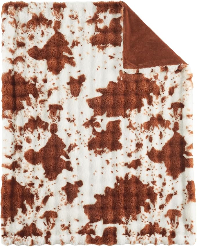 Lotus Karen Faux Fur Throw Blanket Cow Print-Light Brown, Fluffy Fuzzy Plush Bubble Blanket for Couch, 90x90 InchesCozy Shaggy Rabbit Blanket, Luxury Decorative Gifts for Sofa Bedroom Living Room.
