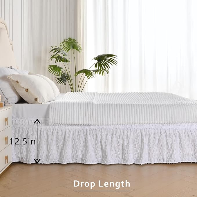 MIYE Wrap Around Ruffled Lace Bed Skirt, Elastic Dust Ruffle with Adjustable Belts, Easy to Put On, Bed Frame Cover, Machine Washable (Wavy/White, King/Queen-12.5" Drop)