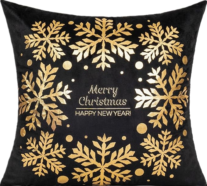 All Smiles Black Christmas Gold Throw Pillow Covers Xmas Cases Decorations 18X18 Set of 4 Décor Indoor Home Soft Velvet Decorative Navidad Cushion for Sofa Couch Tree Snowflake Reindeer