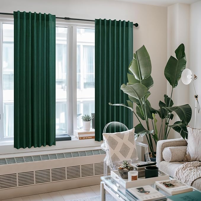 Pitalk Dark Green Curtains 63 Inch Length for Bedroom 2 Panels Back Tab Pocket Lightweight Light Filtering Semi Sheer Linen Hunter Green Curtain for Boys Room Kitchen Olive Forest Decor 52x63