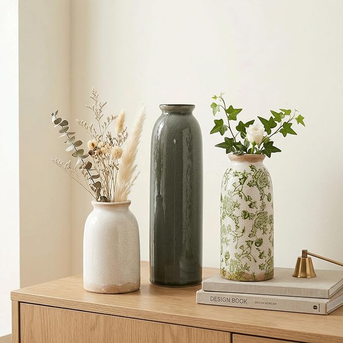 Vintage Ceramic Vase Set of 3, Flower Small Chinoiserie Vase Rustic Modern Farmhouse Centerpiece Decorative Pottery Vases for Table Mantel Entryway Bookshelf Living Room Kitchen Home Decor