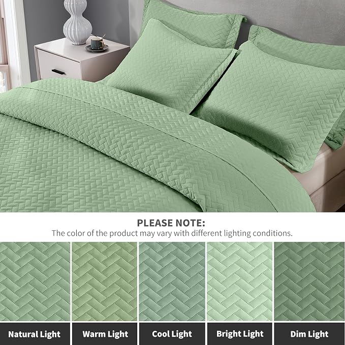 Maple&Stone Sage Green Quilt Set King Size, Lightweight Bedspread | Breathable Coverlet with Chevron Pattern, All-Season Dorm Bed Cover Set Bedding Decor 3 Piece