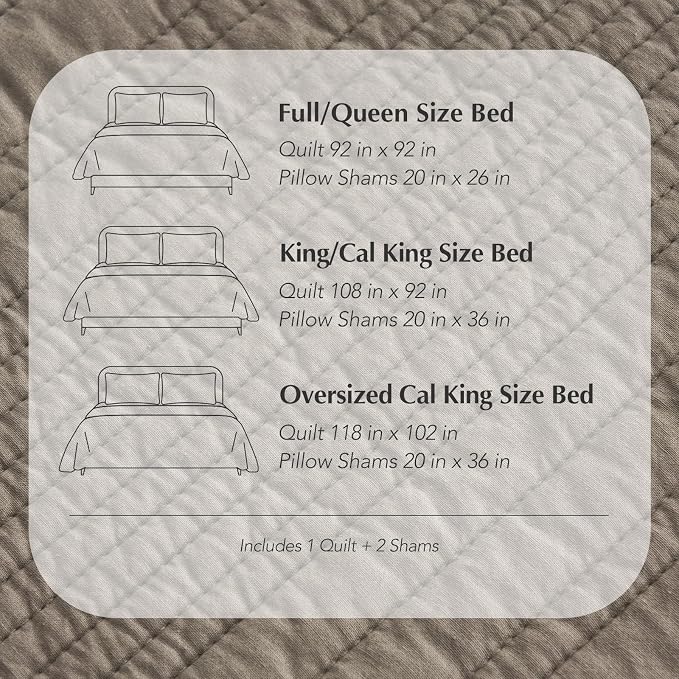 EVERGRACEHOME 100% Cotton Quilt Set Oversized Cal King, Stone Taupe | Pre-Washed Soft Cotton, Striped Coverlet Bedspread, 3 Piece Lightweight Bedding Set for All Season, with 2 Pillow Shams