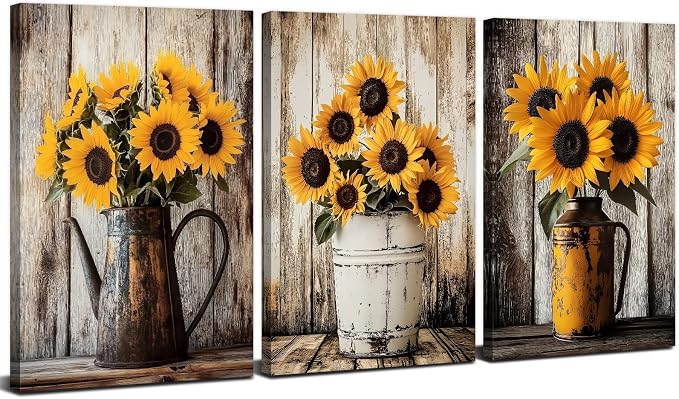 Yellow Sunflower Canvas Wall Art Sun Flower Pictures for Living Room Natural Botanic Flower Prints Canvas Artwork Retro Floral Paintings Wall Decor for Bathroom Bedroom Home Decorations 24x36"3Pcs