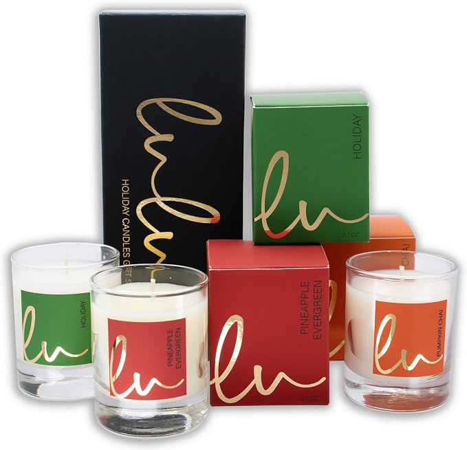 Lulu Candles Holiday, Pineapple Evergreen & Pumpkin Chai, 2.7 Oz Gift Set | 3 PC Votives, Luxury Scented Soy, Hand Poured in USA, Highly Scented