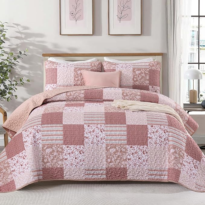 Mybedsoul Pink Boho Quilt King Size, Patchwork Reversible Bedding Set | Soft Lightweight Microfiber Floral Coverlet Set, 3 Pieces Plaid Bedspread, Bed Sets for All Seasons 90"x110"