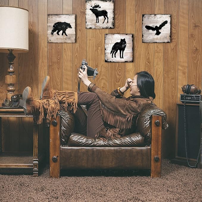 Cabin Wildlife Wall Art Rustic Animals Pictures Wall Decor Farmhouse Moose Deer Wolf Eagle Poster Hunting Themed Bear Paintings Woodland Forest Canvas Prints Artwork Living Room Decorations 16x16" 4P