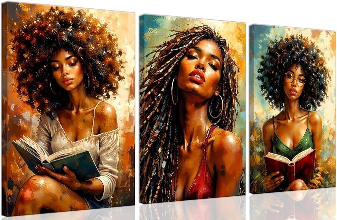 African American Women Canvas Wall Art, Boho Floral Black Girl Painting3Pcs | Modern African wall art: boho black woman reading, framed canvas for living room, office, bedroom, 16x24in