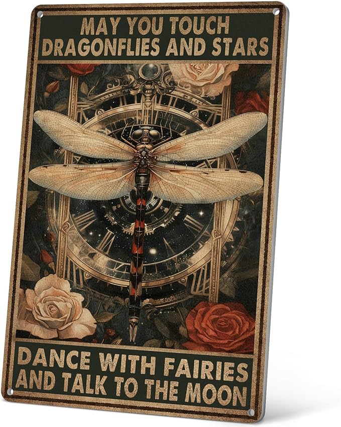 HYBLOM Dragonfly Decor Dragonfly Gifts for Women - Fairy Wall Decor for Bedroom Home Garden - May You Touch Dragonflies And Stars Vintage Metal Signs 12x8 Inch
