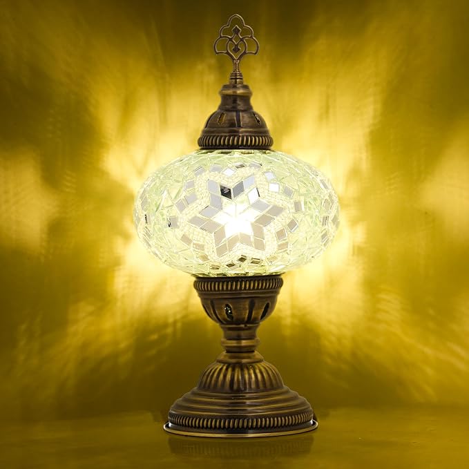 Turkish Lamp, Mosaic Table Lamp, Antique Moroccan Decorative Glass Bohemian Vintage Lamp Shade, Small Desk Tiffany Bedside Stained Glass Lamp with US Plug and E12 Socket