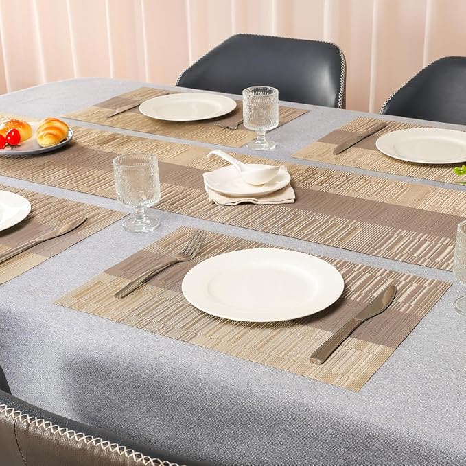 Placemats Set of 8, Vinyl Woven Heat-Resistant Place Mats | Washable Wipeable PVC Table Mats, Non Slip Placemat for Kitchen Dining Indoor Outdoor Table (Gray Gold, Set of 8)