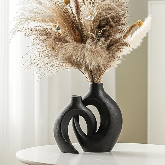 Lvases Snuggle Hollow Ceramic Vase Set of 2 for Nordic Boho Home Decor | Modern Decorative Vase for Pampas Flower, coffee Table Centerpiece Living Room Book Shelf ( Matte Black W 6.3" X H 8.4" )