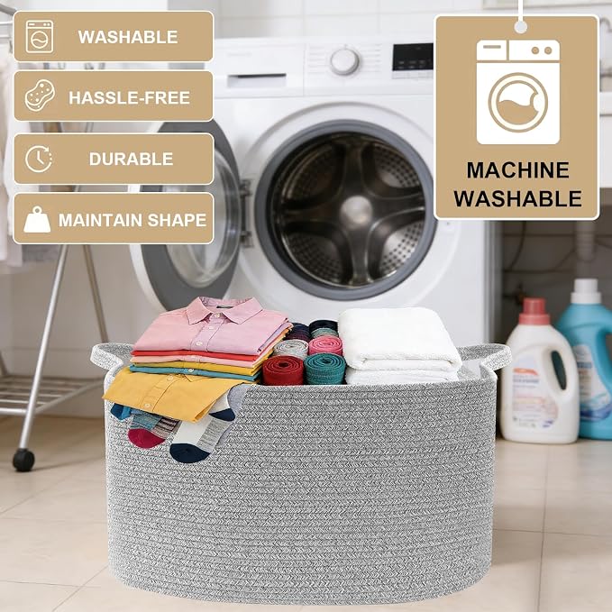 96L Woven Laundry Basket with Handles, Extra Blanket Basket, Grey | 24"×16"×15" Collapsible Cotton Rope Storage Basket for Toys Clothes & Pillows, Nursery, Bathroom, Bedroom, Living Room