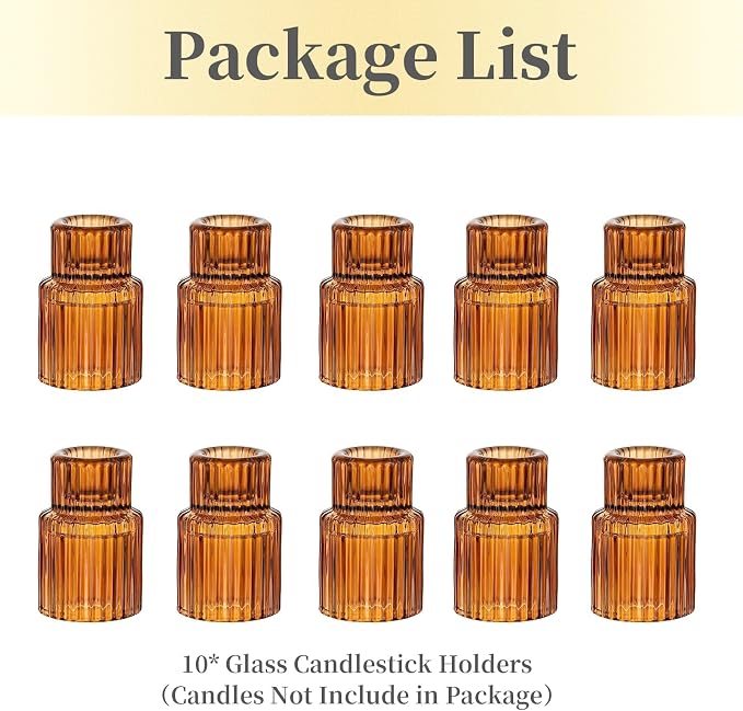 Hewory Glass Candlestick Holders Bulk, 10PCS Amber Taper Candle Holders | For 0.86" Taper Candles, Ribbed, Vintage Candle Sticks Holder Decor, Wedding Table Centerpiece Fall Thanksgiving Home Decor