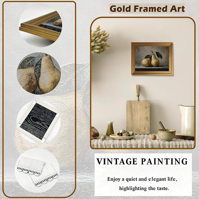Vintage Gold Framed 3D Textured Wall Art Rustic Pear Still Life Wall Decor Picture Country Farmhouse Kitchen Antique Fruit Poster Cottagecore Aesthetic Print for Gallery Home Decoration 12x16in