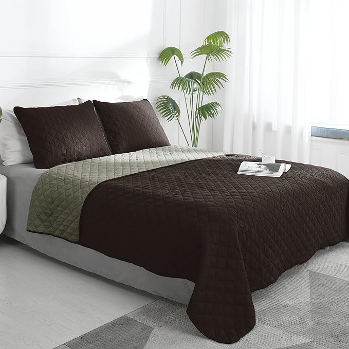 Easy-Going Reversible Quilt Set Twin, Bedspread with 1 Shams | Chocolate/Beige, Lightweight Bed Comforter, 1 Quilt + 1 Pillow Shams, All-Season Coverlets for Bedroom