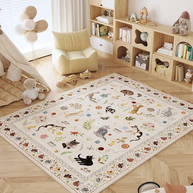 Rugcomf Area Rugs 8x10 Rug for Living Room Clearance Washable Boho Area Rug Non Slip Floral Animal Cat Vintage Low Pile Large Rug for Living Room Bedroom Farmhouse Dining Room Kids Playroom, Beige