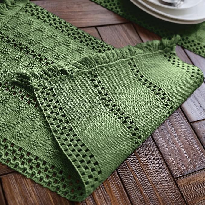 Macrame Table Runner Green Boho Table Runners with Tassels 12x95in | Alynsehom Hand Woven Cotton Table Runner Rustic Farmhouse Table Runners for Bohemian Kitchen Dining Table
