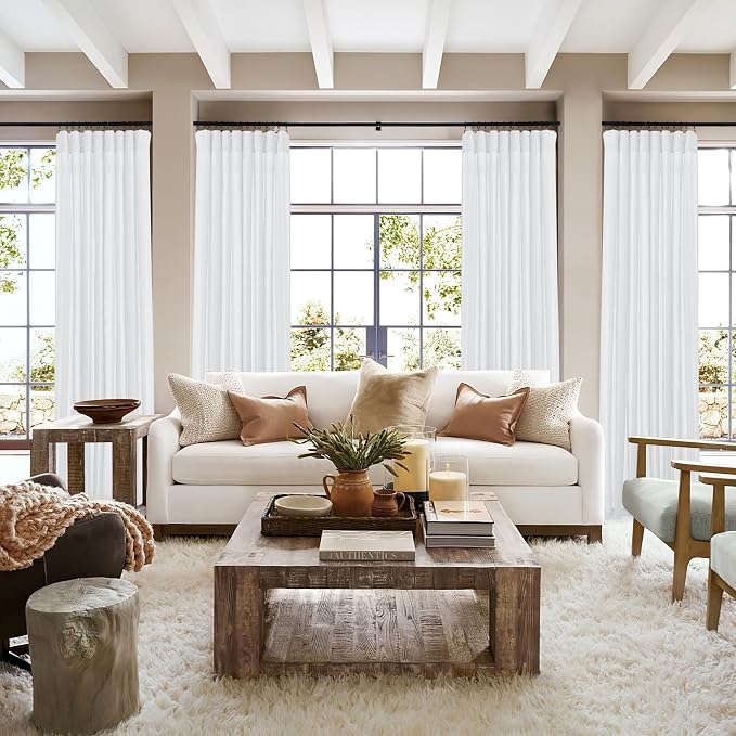 RYB HOME Linen Sheer Curtains 2 Panels for Living Room, Semi Transparent Privacy Drapes with Rod Pocket Farmhouse Style Window Treatments for Bedroom, White, 52" W x 45" L