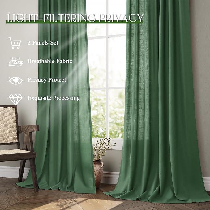 Jowels Green Linen Curtains 84 Inch Long 2 Panels for Living Room | Light Filtering Semi Sheer Curtain, Back Tab Pocket Pleated Look, Boho Farmhouse Textured Privacy Drapes for Bedroom Window