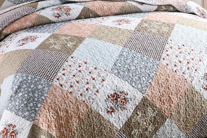 Travan 3-Piece Queen Quilt Set Quilted Bedspread Lightweight Reversible Coverlet Set Floral Printed Quilted Bedding Set with Shams for All Season, Brown Floral, Queen Size