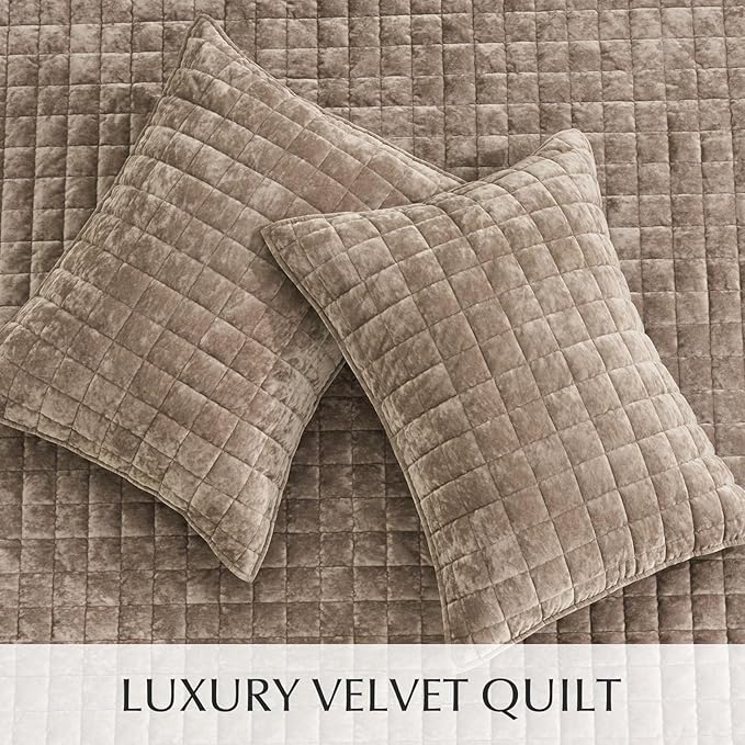RECYCO Velvet Quilt Set, Oversized California King 118"x106", Natural Tan | Channel Box Stitch Velvet Comforter Set, Ultra Soft Lightweight Bedspread Coverlet, All Season Bedding Set, with 2 Shams